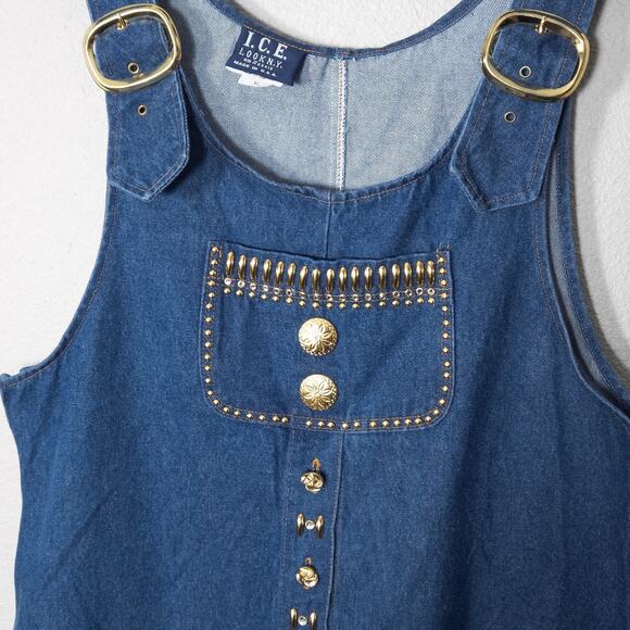 ICE LOOK Denim Jumper Dress Gold Buttons Stud Trim Western Style USA Vintage XL - Picture 3 of 12